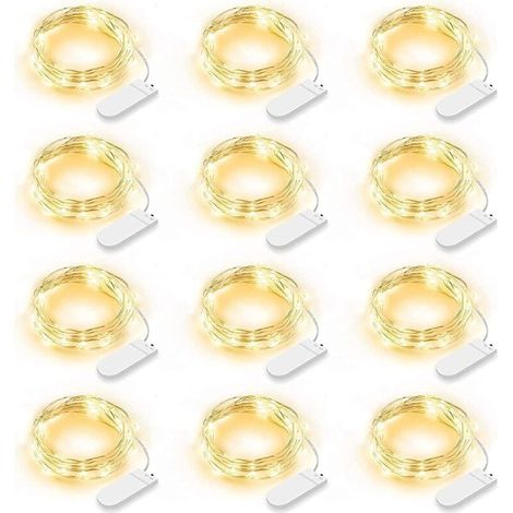 Lot de 12 Guirlande Lumineuse LED, Guirlande Lumineuse à Piles 2m 20 LEDs Fée Chaîne Lumières Guirlande IP65 Étanche LED Déco pour Chambre Noël Mariage Fête Jardin, Blanc Chaud (Blanc Chaud)
