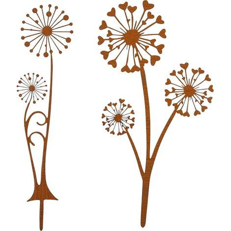 2-teiliges Gartendekorationsset „Rostiger Löwenzahn“ aus wetterfestem Metall für Garten, Terrasse, Balkon und Blumentopf (1/5)