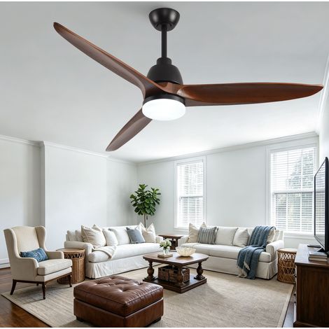 Ventilador de techo de 52 pulgadas con 3 aspas de madera oscura y metal negro, LED regulable, mando a distancia, 6 velocidades, reversible y silencioso, CHICFURN (1/5)