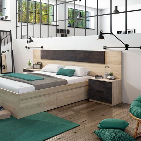 Chambre double Alaya 247 cm – Tête de lit en mélamine 15 mm – Style moderne et industriel – Compatible lits 135/150 cm (1/9)