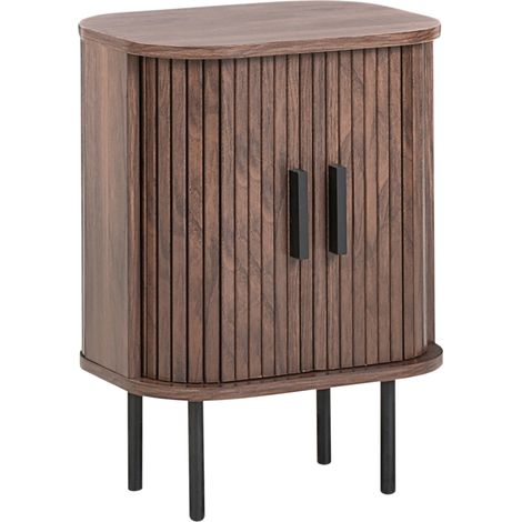 Mesita de noche retro puertas correderas MDF patas de metal madera marrón oscuro Bradley