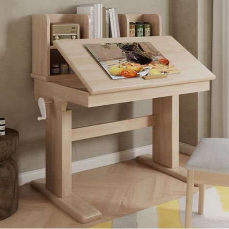 Scrivania per bambini 92.2x60x89 cm naturale in legno massello regolabile con piano inclinabile e vano portaoggetti (1/5)