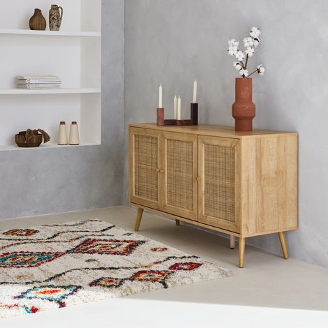 Sweeek – Tapis shaggy intérieur 120 x 170 cm – Poils longs crème multicolore – Motifs ethniques – Texture douce et volumineuse