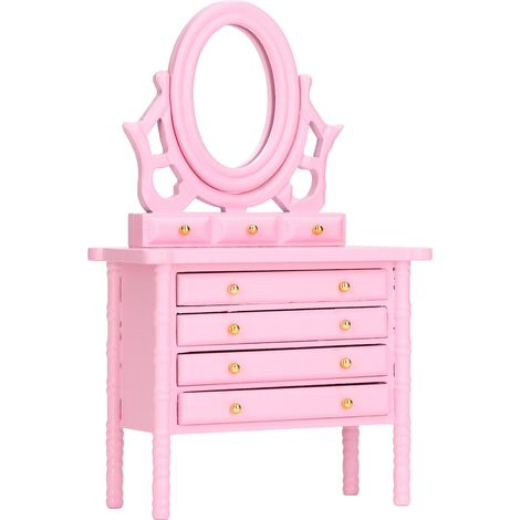 Table de maquillage miniature rose pour maison de poupée 1:12 avec miroir, meuble de salle de bain en bois réaliste (1/5)