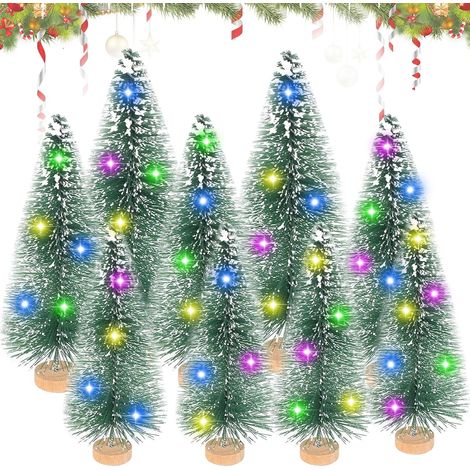 Lot de 9 mini sapins de Noël artificiels à LED - Avec socle en bois et guirlande lumineuse - Décoration de Noël miniature - 3 tailles (1/5)