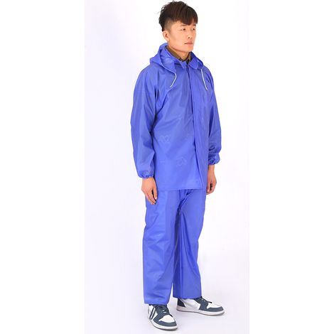 Combinaison pluie épaisse imperméable non jetable veste pantalon bleu taille unique 2.5J, fermeture à boutons, poignets resserrés, ensemble de pluie deux pièces. (1/5)