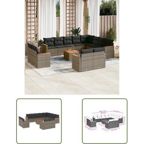 The Living Store 13-tlg. Garten-Sofagarnitur mit Kissen Grau Poly Rattan - Gartenmöbel Set - Esszimmergarnitur - Outdoor Möbel - Lounge Sofa - Rattan Gartenmöbel (1/3)
