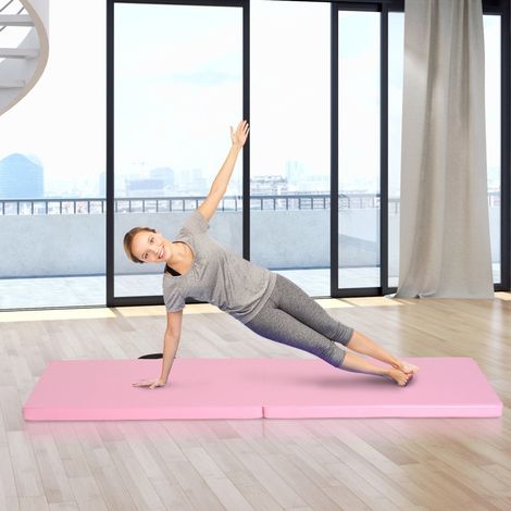 Tapis de sol pliable yoga, MMA, fitness, Pilates – 180 x 60 x 5 cm, revêtement synthétique antidérapant, rose, avec poignées (1/3)