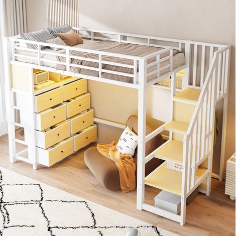MODFU – Letto a soppalco per bambini 90x200 cm in metallo/MDF con 8 cassetti, 2 mensole, armadio sotto scala, LED 7 colori e 24 doghe – Bianco (1/5)