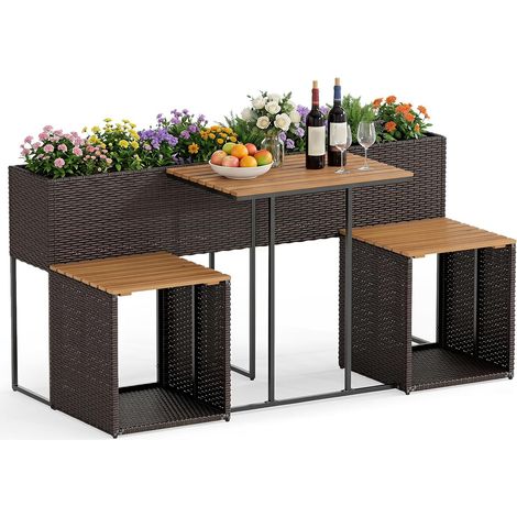 Salon de Jardin avec Jardinière Surélevée, Table Extérieur en Rotin PE avec 2 Chaises, Plateau en Bois d'Acacia, Cadre Métallique, Marron (1/5)