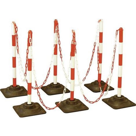 Conjunto de postes de barrera PE/PVC rojo/blanco con base de goma dura D40xH860mm 6 varillas de advertencia, cadena de 10m