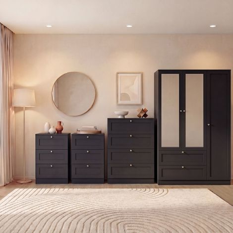 Altino 4 Piece Bedroom Set with 3 Drawer Bedside, Set of 2, 4 Drawer Chest, 3 Door 2 Drawer Wardrobe, Black (1/4)