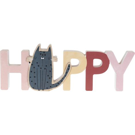 Deko für Kinderzimmer, Buchstaben HAPPY mit Katze, Holz, 28 x 2,5 x 12 cm