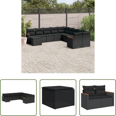Gartenmöbel - 11-tlg. Garten-Sofagarnitur mit Kissen Schwarz Poly Rattan (1/5)
