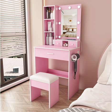 Rosa Schminktisch mit LED-Spiegel, Steckdosen, Haartrocknerhalter und Hocker 60x38x131,5 cm (1/5)