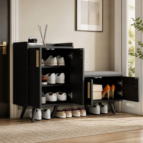Mobile portascarpe con panca, 4 ante, cuscino, nero e noce scuro HAVRYA (1/5)