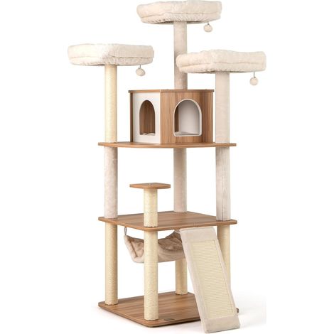 Costway – Arbre à chat 168 cm – 5 plateformes – 4 griffoirs en sisal – Condo et hamac – Coussins lavables – 58 x 58 cm