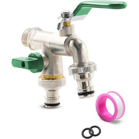 1/2" Messing-Doppelhahn – Gartenhahn mit 2 kostenlosen Schlauchanschlüssen für Garten, Waschmaschine, Regentonne (Grün) (1/5)