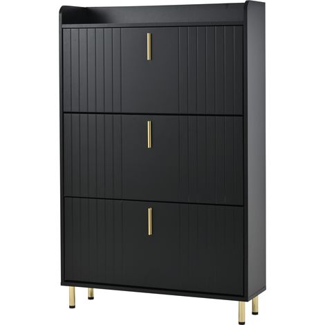 Meuble à chaussures étroit 3 portes abattantes, 6 compartiments, MDF noir, 80 x 23,5 x 123,5 cm (1/5)