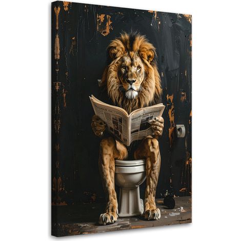 Tableau déco Lion lisant un journal noir et or 40x60