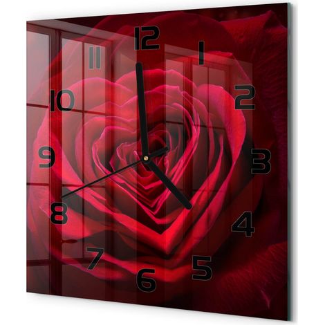 Horloge Murale Carrée Décoration Murale Verre Trempé Design Artistique Cœur de rose rouge 30x30 cm (1/5)