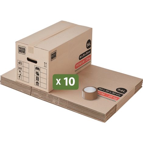 Carton de déménagement PACK & MOVE Premium lot de 10 60 x 30 x 30 cm 54 L jusqu’a 30 kg double cannelure