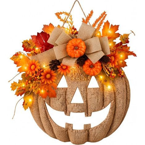 Beyamis Jute-Kürbiskranz 35 cm - LED 8 Modi Halloween Thanksgiving (1/5)