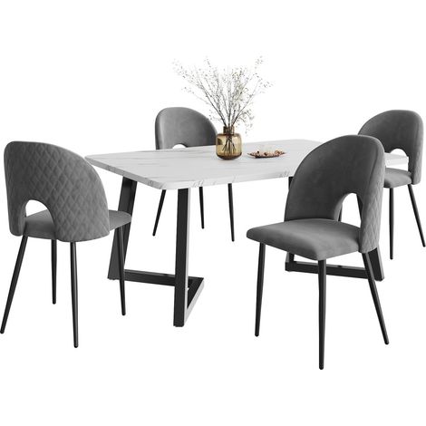 Ensemble salle à manger (5 pièces) - Table rectangulaire 117x68cm pieds noirs + 4 chaises velours gris motif losange (1/5)