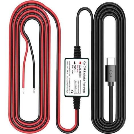 Kit de Câblage pour Caméra de Tableau de Bord, Port de Connecteur Droit USB de Type C, Protection Basse Tension pour Caméras de Tableau de Bord, DC12V–24V à 5V/2.5A Max avec Fusible (1/5)