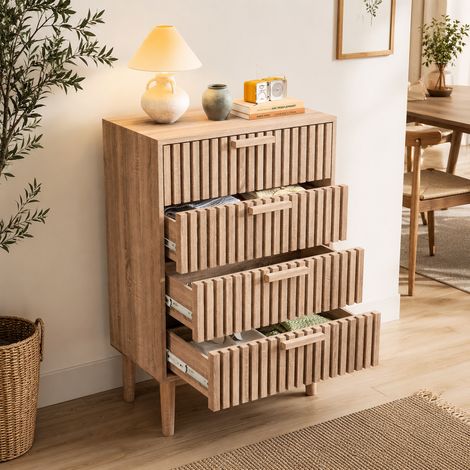 Commode à 4 tiroirs 60×34×91 cm, meuble de rangement, grande capacité, commode chambre, conception anti-basculement, style moderne, pieds en bois, pour chambres , salons et couloirs, MDF, Naturel (1/5)