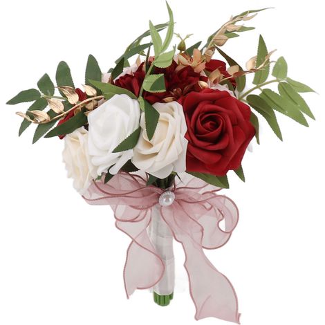 Bouquet de mariée en soie et plastique réaliste romantique à la main pour Saint-Valentin fête église bordeaux et blanc (1/5)