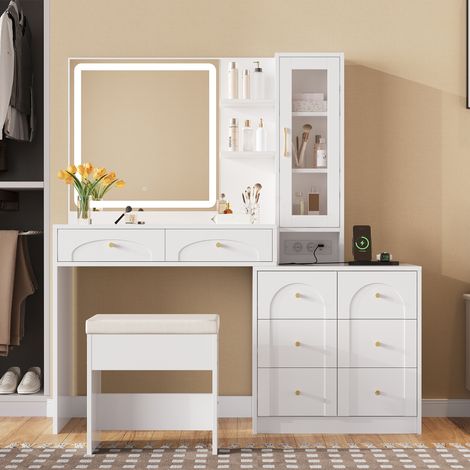 Coiffeuse moderne 131,5×40×140cm Table maquillage avec miroir LED 8 tiroirs 2 étagères ouvertes-prise électrique Blanc