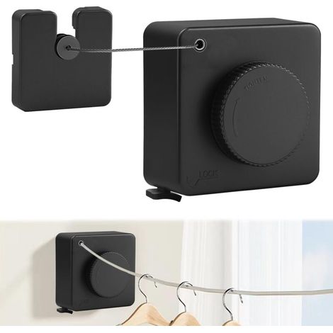 Corde à Linge Rétractable, 4,8 m Corde à Linge Rétractable D'extérieur étendoir à Linge Extensible de Balcon Fil à Linge Retractable en Acier Inoxydable pour Balcon, Salle de Bain (Noir)