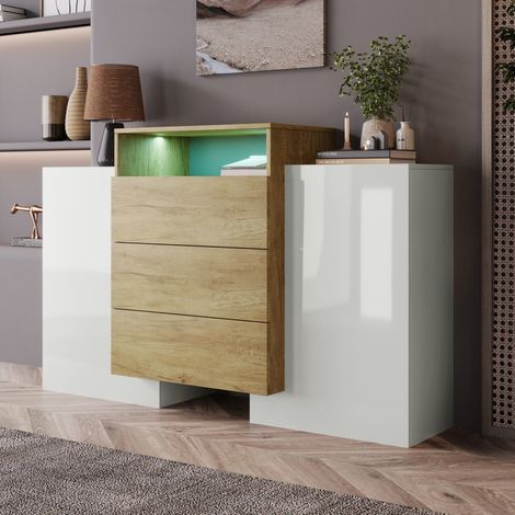 Sideboard MDF blanc brillant et décor bois 140x30x77,5 cm, 2 portes, 3 tiroirs, étagères et éclairage LED multicolore (1/5)