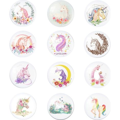Lot de 12 Set de Set de Autocollants Magnétiques Licorne en Verre Cristal, Aimants Décoratifs Ronds Créatifs et Adorables pour Décoration Cuisine et Bureau (1/5)