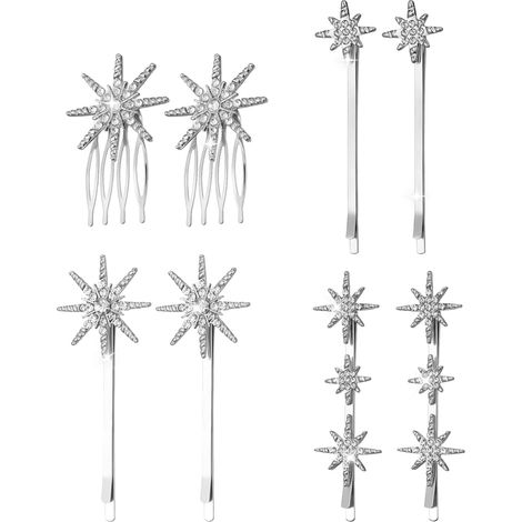 Lot de 8 pinces à cheveux argentées strass 8 cm - Pinces à cheveux brillantes en forme d'étoile - Accessoires de coiffure pour mariage - Pinces à cheveux pour femmes (1/4)