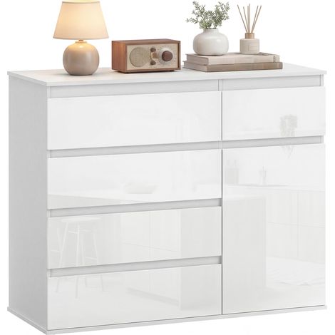Crédence meuble avec 5 tiroirs et étagère réglable, finition blanc laqué brillant, design moderne et pratique pour cuisine ou espace de rangement