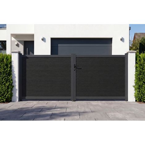 Portail bois composite battant plein 3,5m ATHOS H.160cm gris anthracite avec cadre aluminium (1/5)