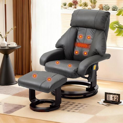 Massagesessel mit Hocker, 360° drehbar, 8 Massagepunkte, Heizfunktion, verstellbar, Grau (1/5)