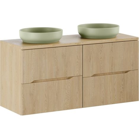 Set da bagno sospeso NATURA 120cm: mobili sotto lavabo 60cm + piano per lavabo + lavabi da appoggio rotondi verdi