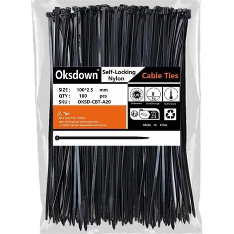 Kabelbinder 100 Stück Schwarz 100mm UV-Beständig Nylon 8,1kg Zugfestigkeit (1/5)