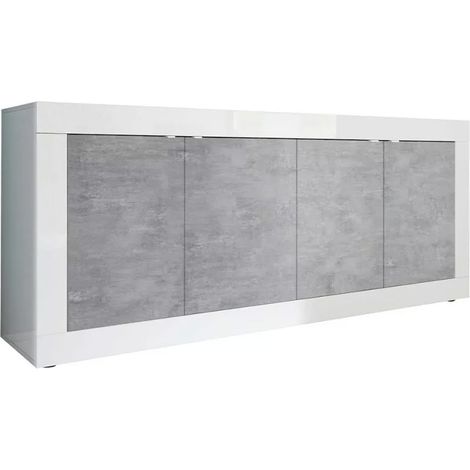 Buffet 4 portes, collection ISORA, blanc laqué brillant/chêne clair, idéal pour salon moderne (1/5)