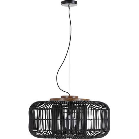 Suspension en rotin noir ajouré - noir et bois (1/4)