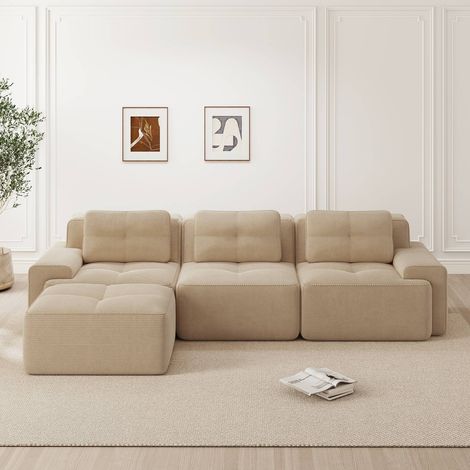 Canapé d’angle modulable en velours côtelé beige 3 places avec ottoman, design cloud, sans montage (1/5)