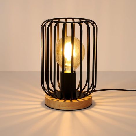 COMELY Lampada da Tavolo Industriale Vintage, Metallo con Gabbia in Legno e Nero, Interruttore e Cavo E27 per Camera da Letto, Soggiorno, Ufficio, Studio (Lampadina non inclusa) (1/5)