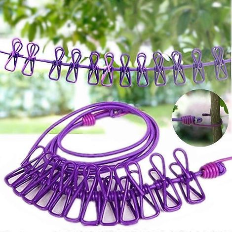 Étendoir à linge portable Violte avec 12 pinces à linge, étendoir de voyage coupe-vent, élastique et extensible. (1/4)