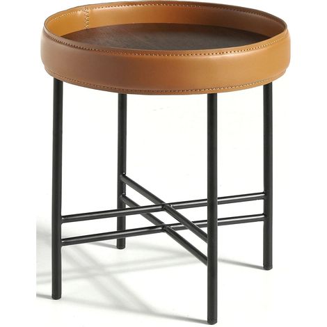 Table basse ronde en bois anneau circulaire rembourré de cuir pieds acier peint epoxy - Noyer, cognac (1/5)
