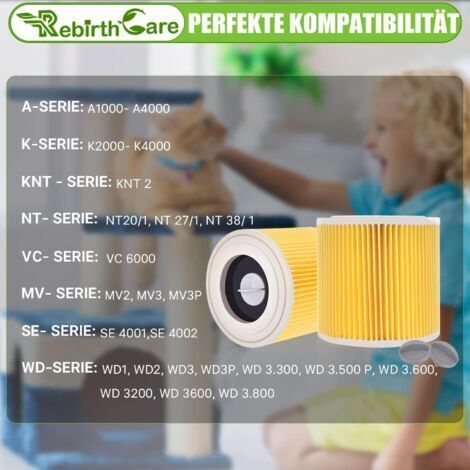 Lot de 2 filtres à cartouche pour Kärcher WD3 Premium, WD2, WD3, WD3P, MV2, MV3 - Filtre WD3 - Filtre de rechange pour aspirateur Kärcher 6.414-552.0/64145520 (1/4)
