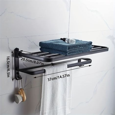 Porte-serviettes pliable en aluminium spatial – Porte-serviettes mural large et épais avec crochets, organisateur de salle de bain (1/3)