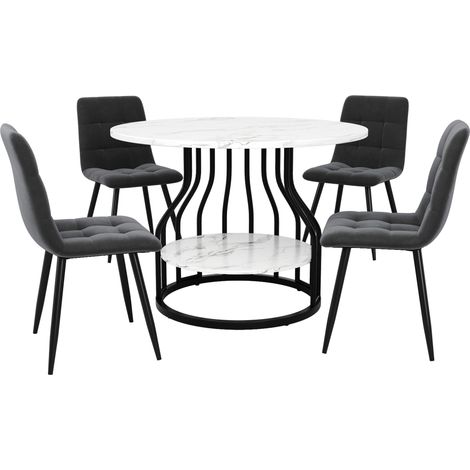Ensemble de salle à manger 5 pièces avec table ronde 80 cm et 4 chaises en velours gris, pieds en métal noir, plateau MDF effet marbre (1/5)